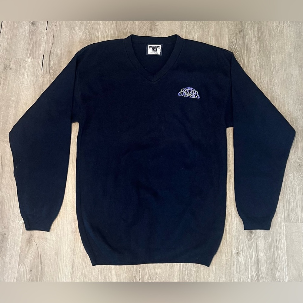 Vintage Lee Men's Celtic knot navy blue  V-Neck Sweater 100% cotton made in USA